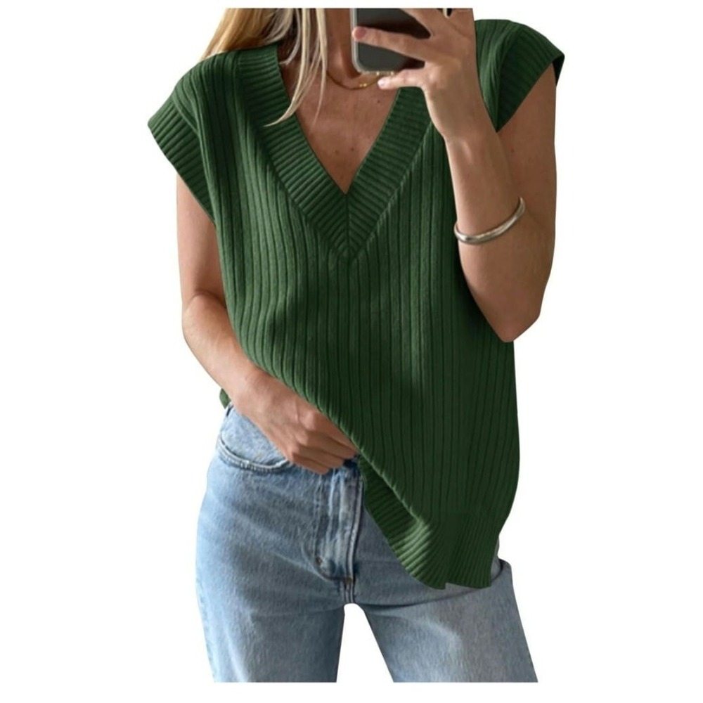 Women's SZ M Olive Green Sweater Vests V Neck Ribbed Knit Sleeveless Oversized